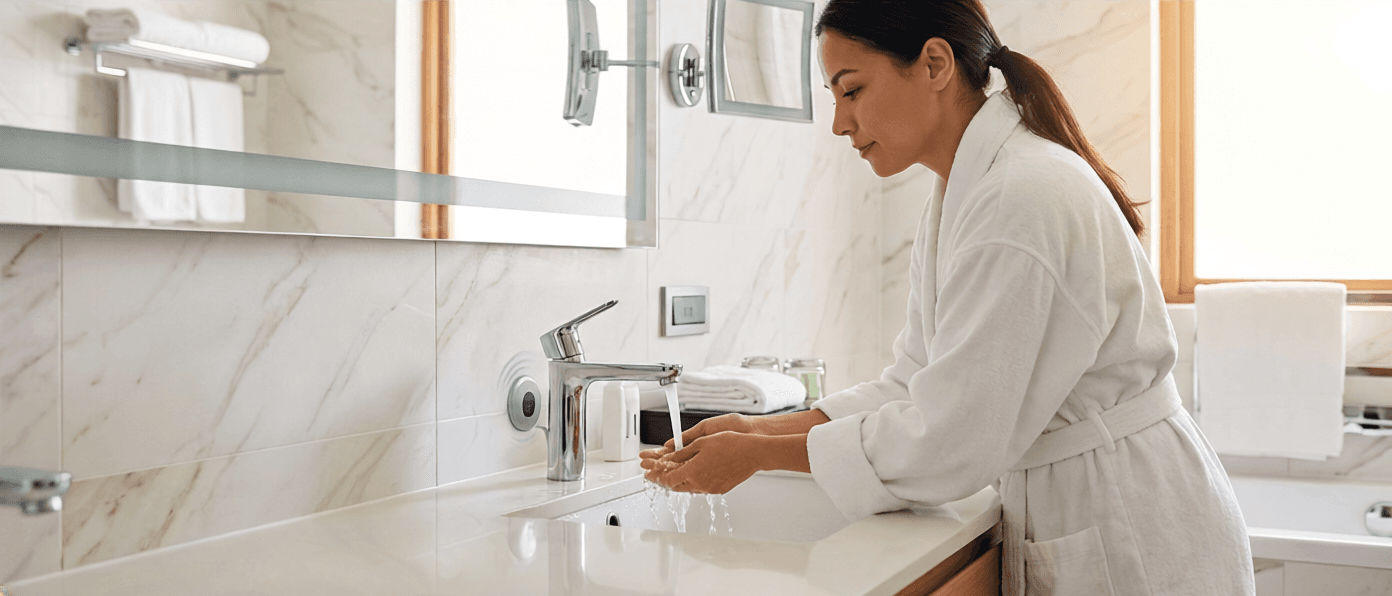 Hotel environment with a guest-facing bathroom and water use in focus