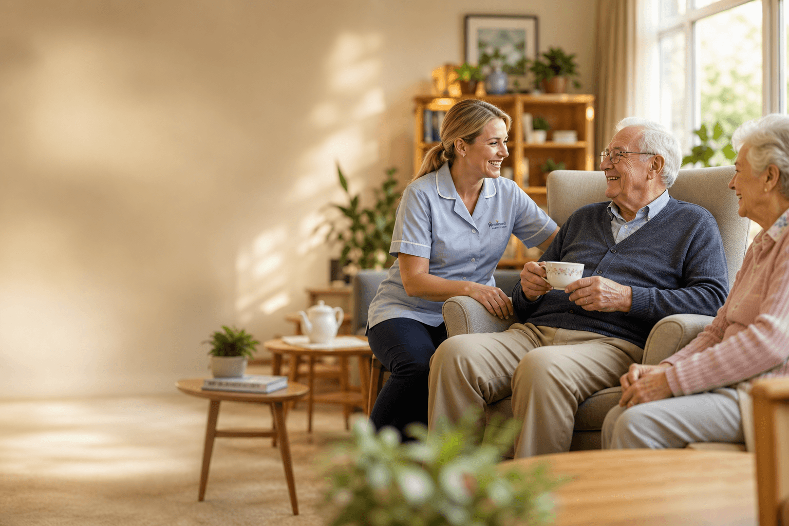 Care worker and a happy elderly resident in a bright, comfortable home