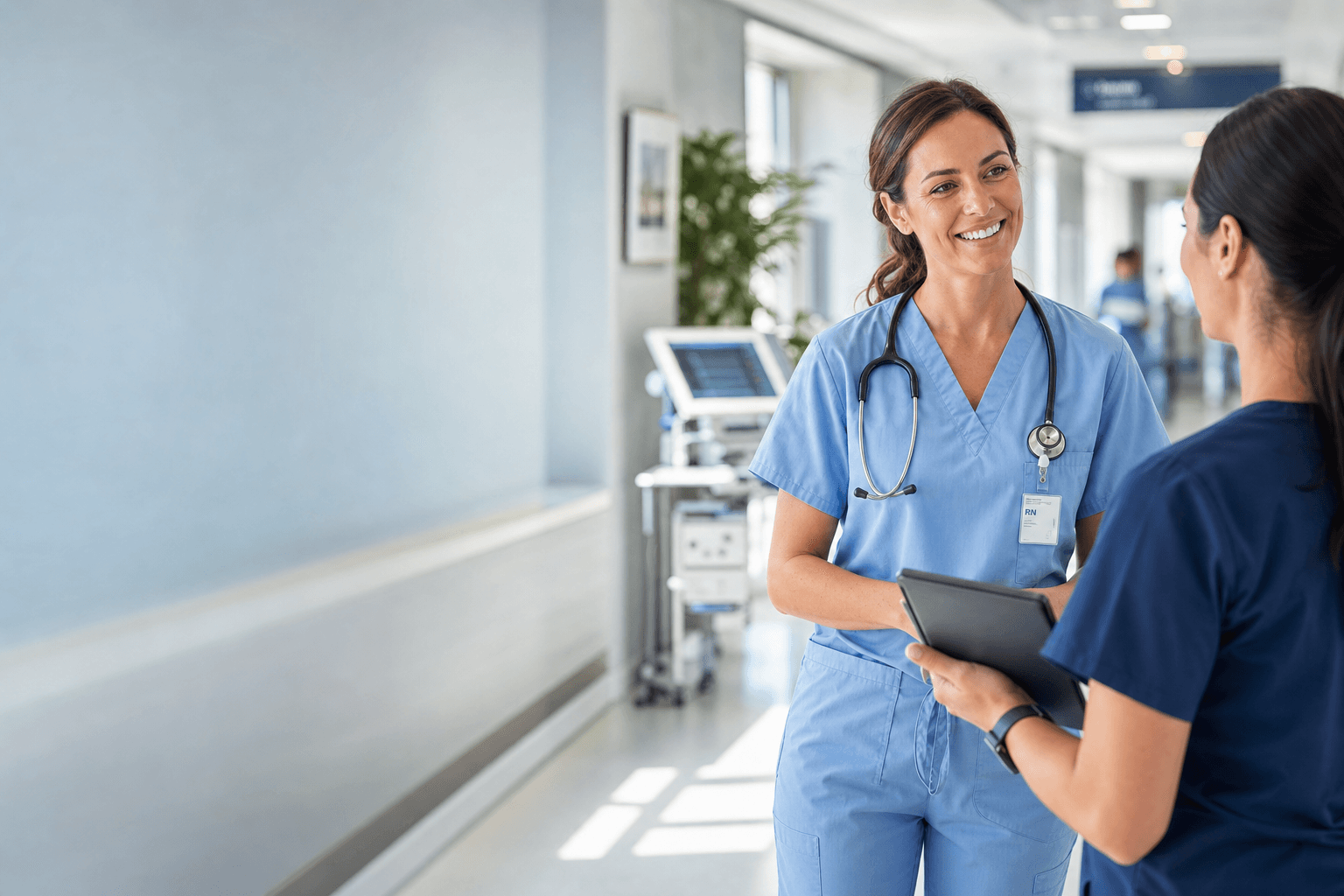 Healthcare staff talking in a bright, modern hospital corridor