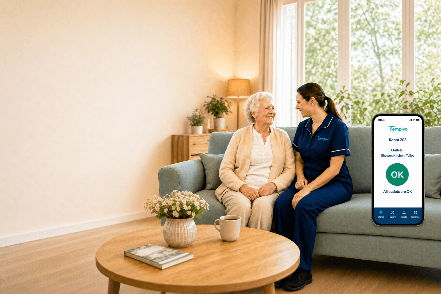 Care worker and resident with the Tempivo app showing an OK status