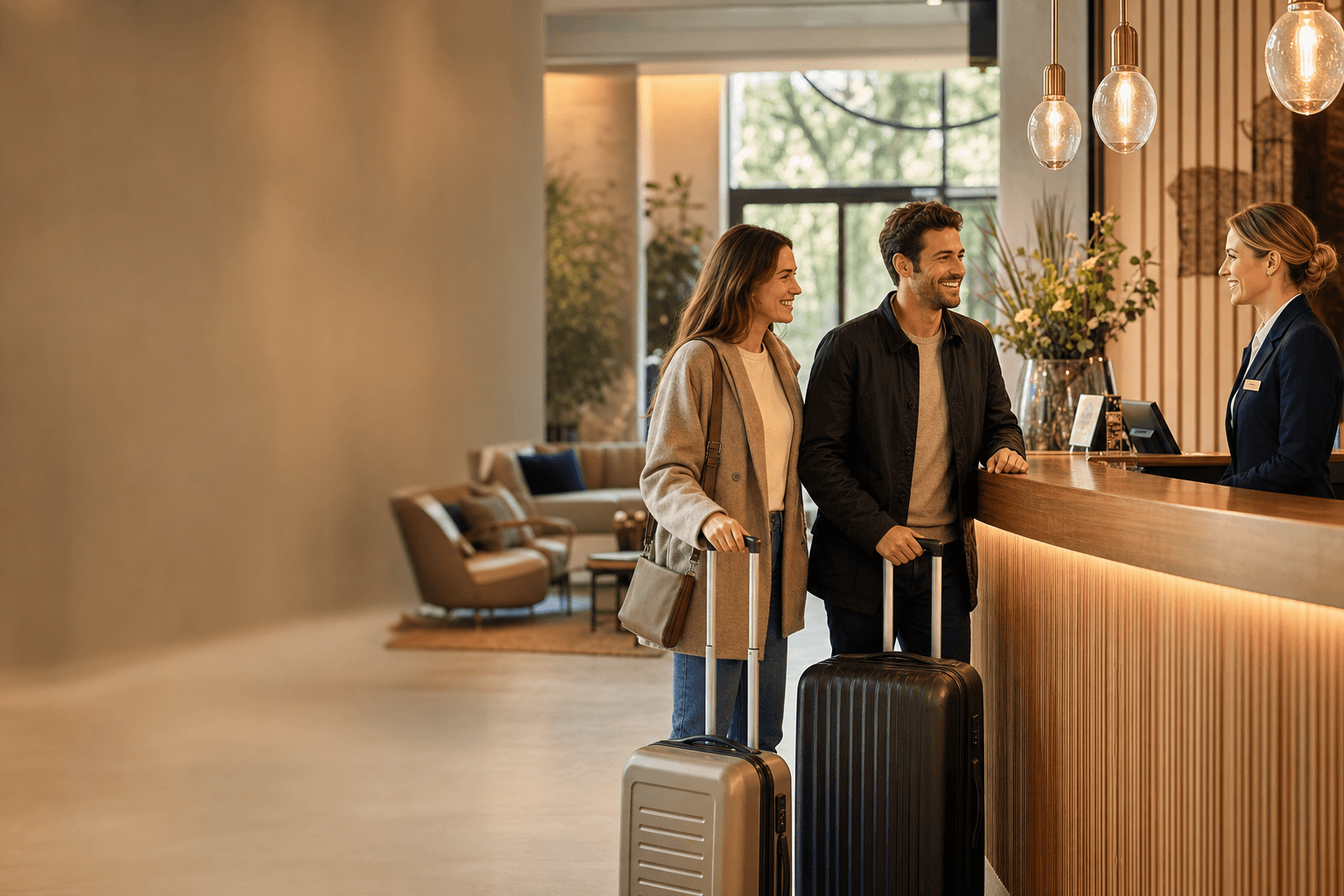 Happy guests being welcomed in a bright, comfortable hotel lobby