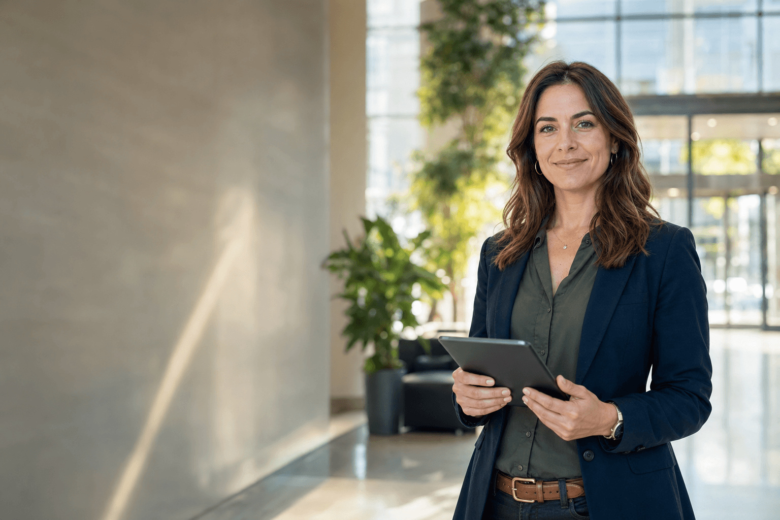 Facility manager holding a tablet in a bright, modern building