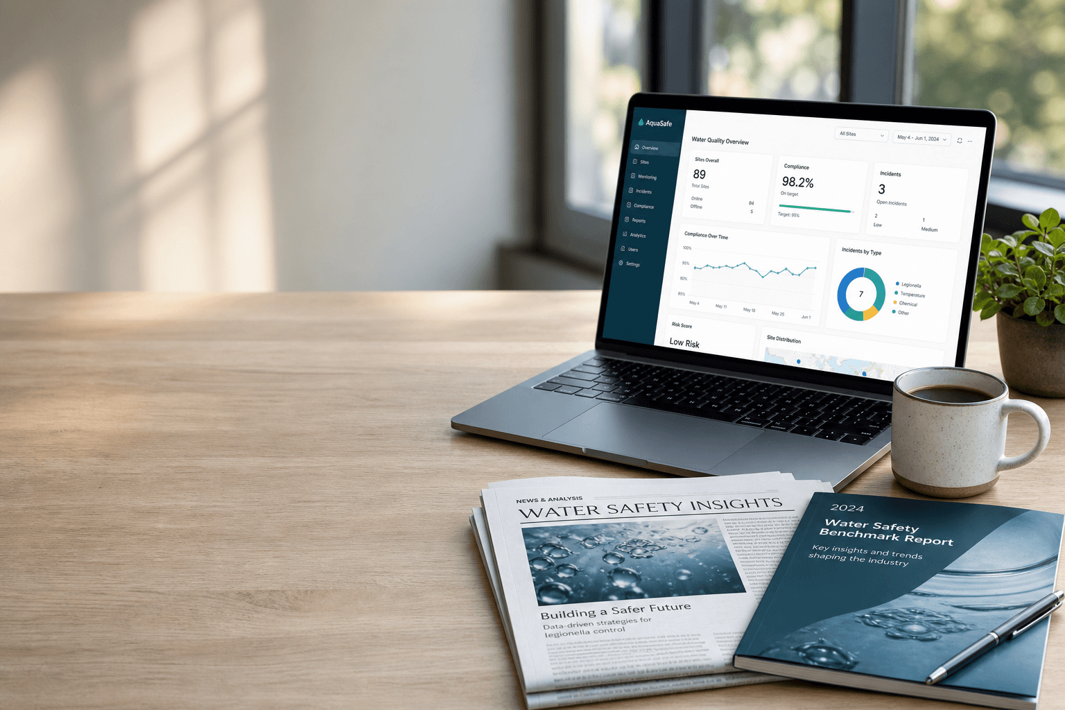 Desk with a laptop dashboard, reports, and coffee